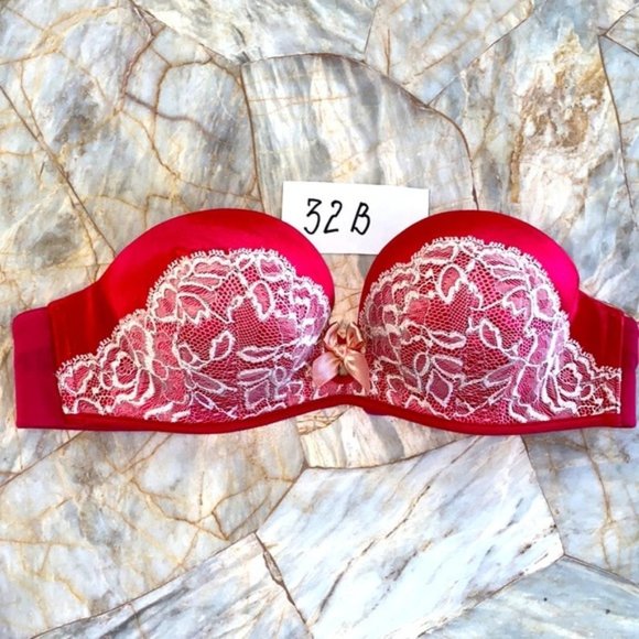32B Bombshell Miraculous Red Lace Strapless Bra PushUp Lace Satin Rare - Picture 2 of 6